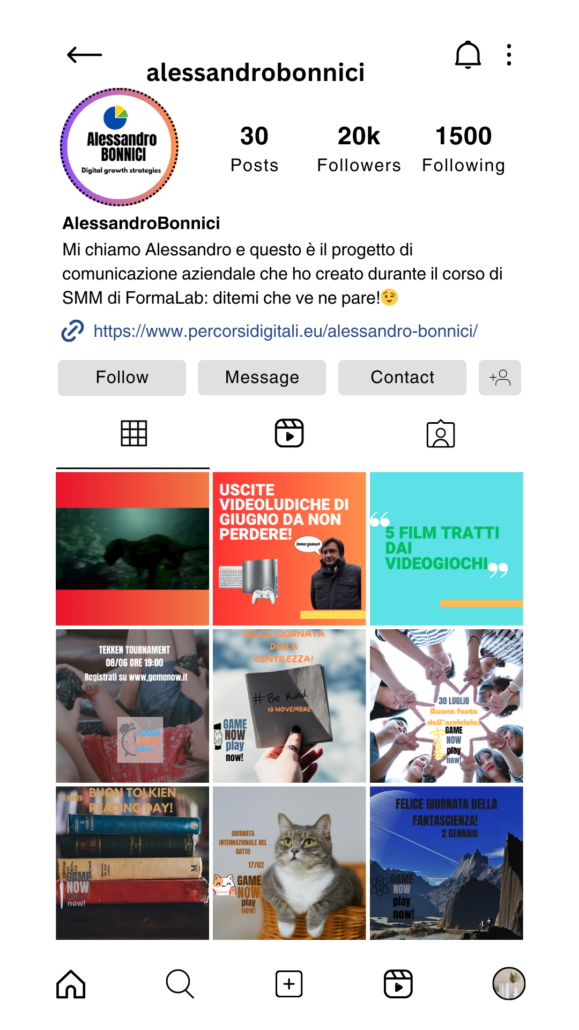 Feed Instagram sfondo bianco, scritte nere.