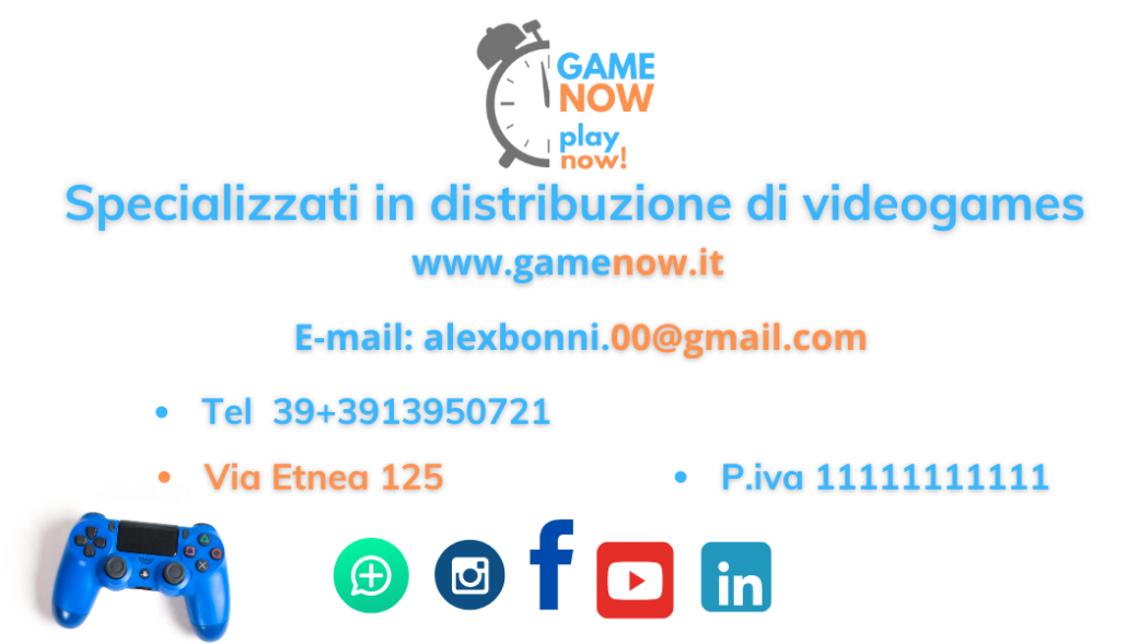 Biglietto da visita Game Now, sfondo bianco, scritte colore azzurro e arancione