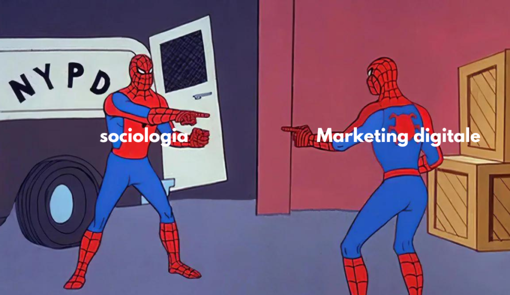 Meme dei due Spider-Man che si indicano a vicenda, uno ha la scritta sociologia, l’altro marketing digitale.